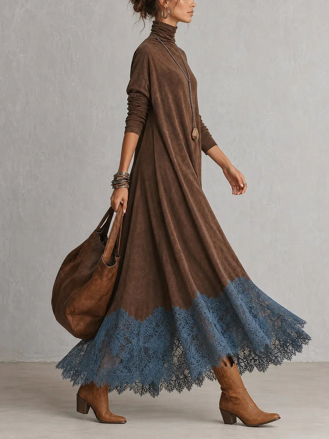 Amy | Suede-Effect Maxi Dress with Lace Hem