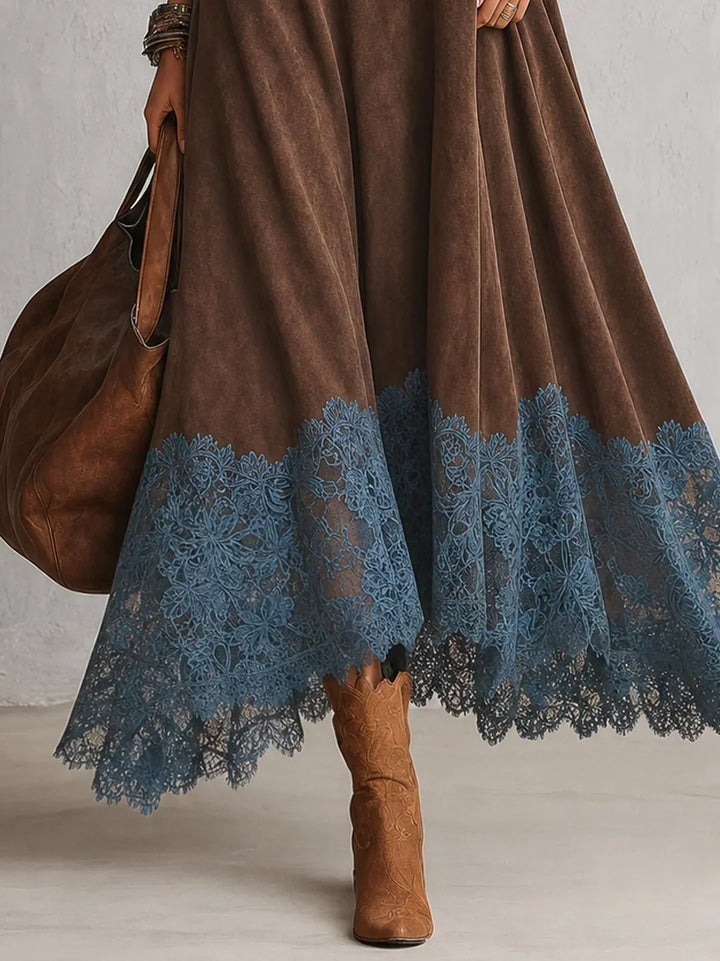 Amy | Suede-Effect Maxi Dress with Lace Hem