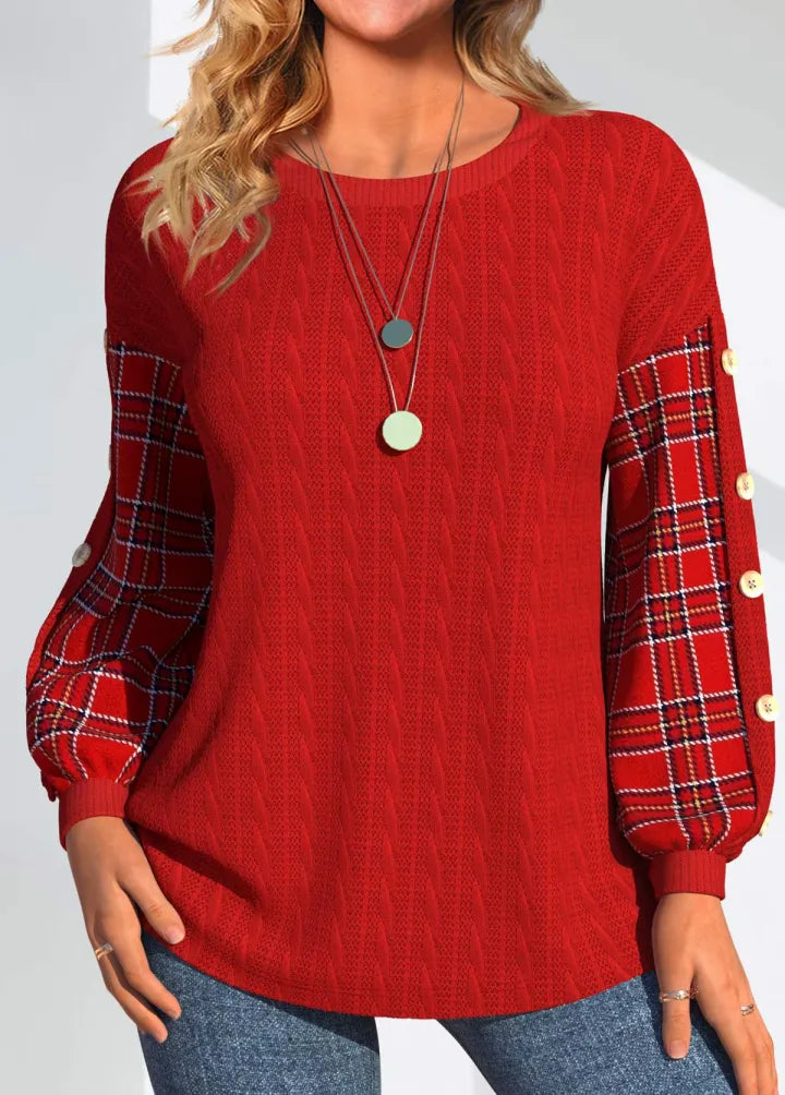 Ida | Red Knit with Checked Sleeves