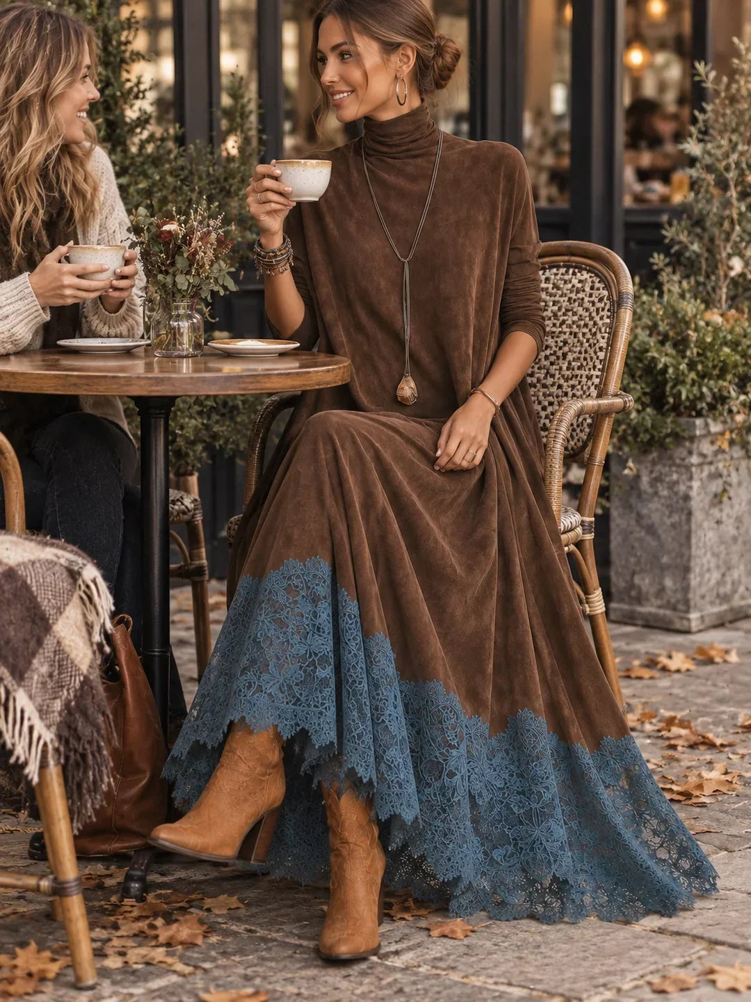 Amy | Suede-Effect Maxi Dress with Lace Hem