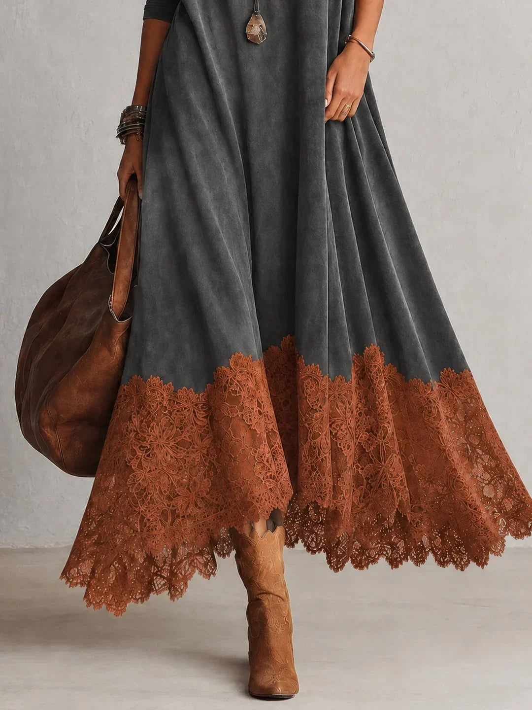 Amy | Suede-Effect Maxi Dress with Lace Hem