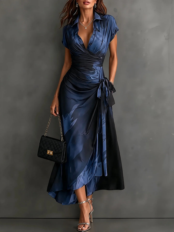 Midi Wallet Dress with Abstract Brown Print, V-Neck Collar, Short Sleeves, Bow Waist, Asymmetrical Ruffle Hem
