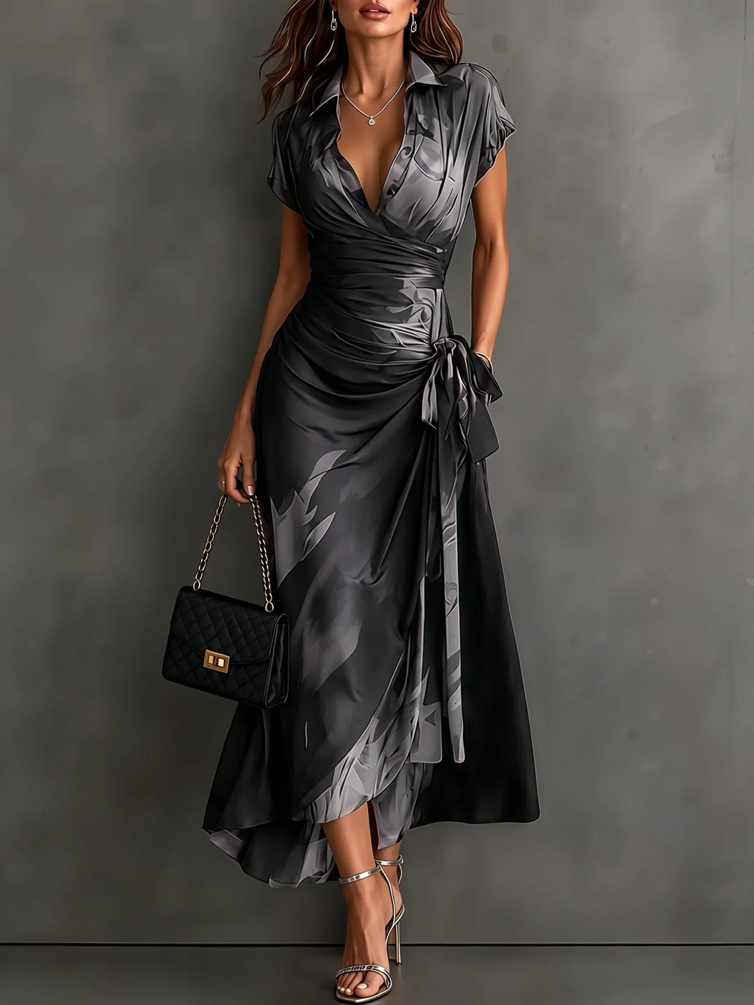 Midi Wallet Dress with Abstract Brown Print, V-Neck Collar, Short Sleeves, Bow Waist, Asymmetrical Ruffle Hem