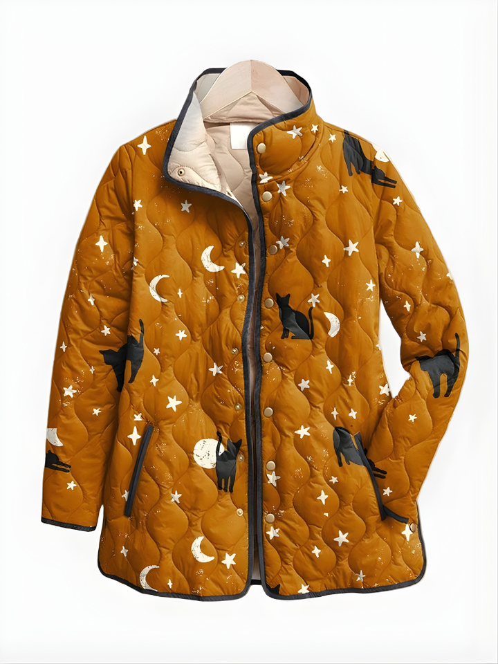 Jessica | Black Quilted Jacket with Cat Pattern