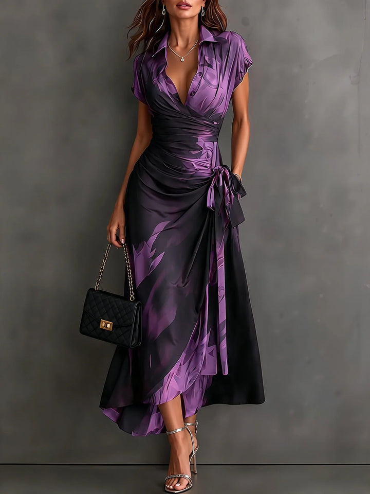 Midi Wallet Dress with Abstract Brown Print, V-Neck Collar, Short Sleeves, Bow Waist, Asymmetrical Ruffle Hem
