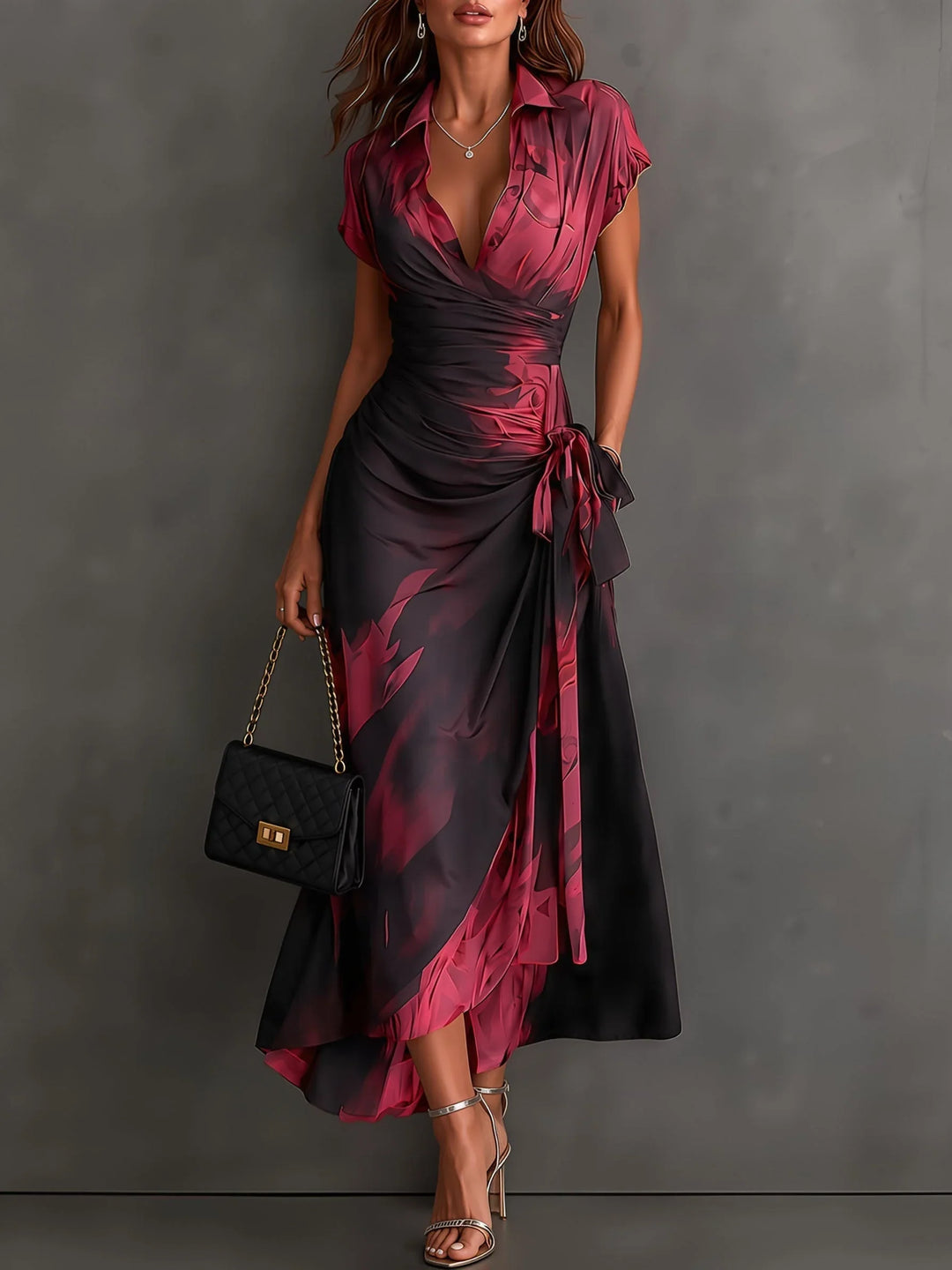 Midi Wallet Dress with Abstract Brown Print, V-Neck Collar, Short Sleeves, Bow Waist, Asymmetrical Ruffle Hem