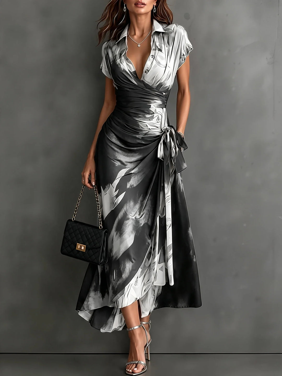 Midi Wallet Dress with Abstract Brown Print, V-Neck Collar, Short Sleeves, Bow Waist, Asymmetrical Ruffle Hem