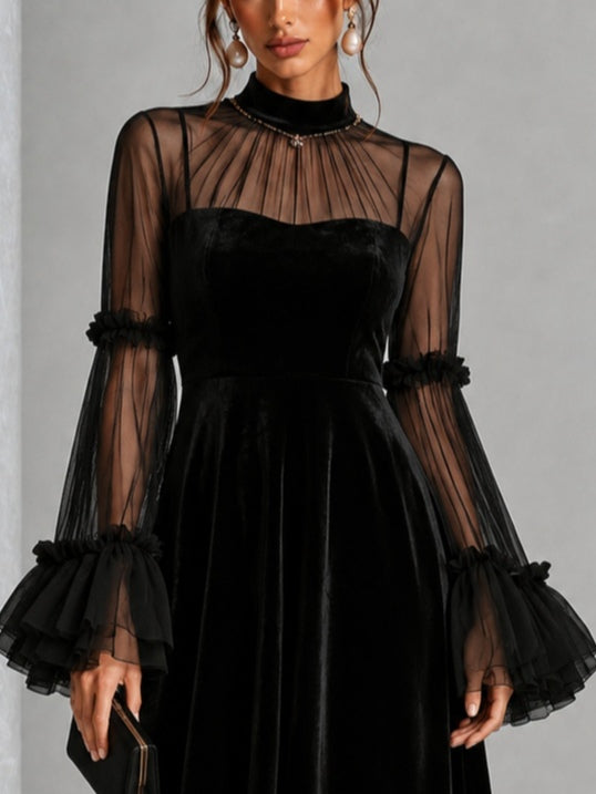Genevieve | Black Velvet Midi Dress with Sheer Ruffle Sleeves