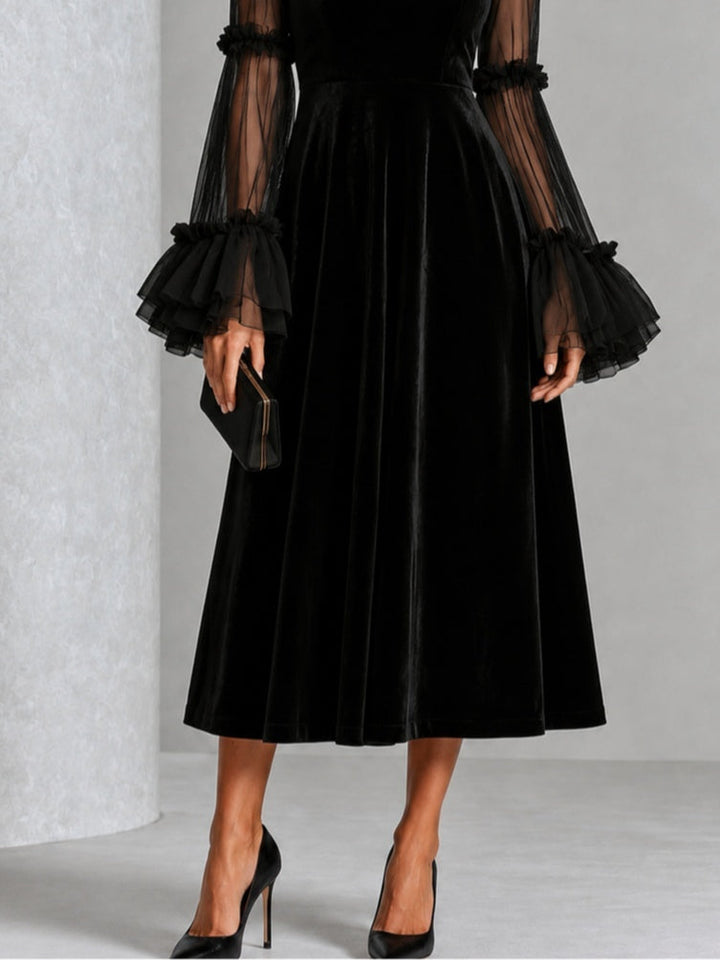 Genevieve | Black Velvet Midi Dress with Sheer Ruffle Sleeves