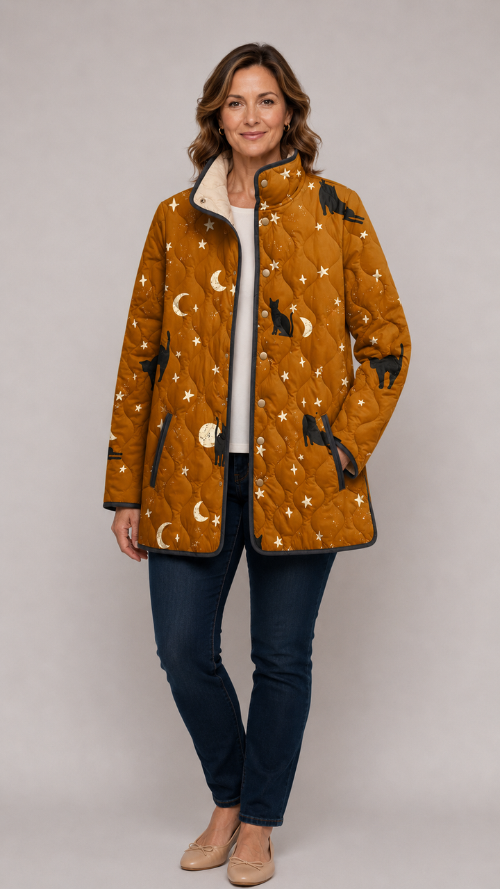 Jessica | Black Quilted Jacket with Cat Pattern