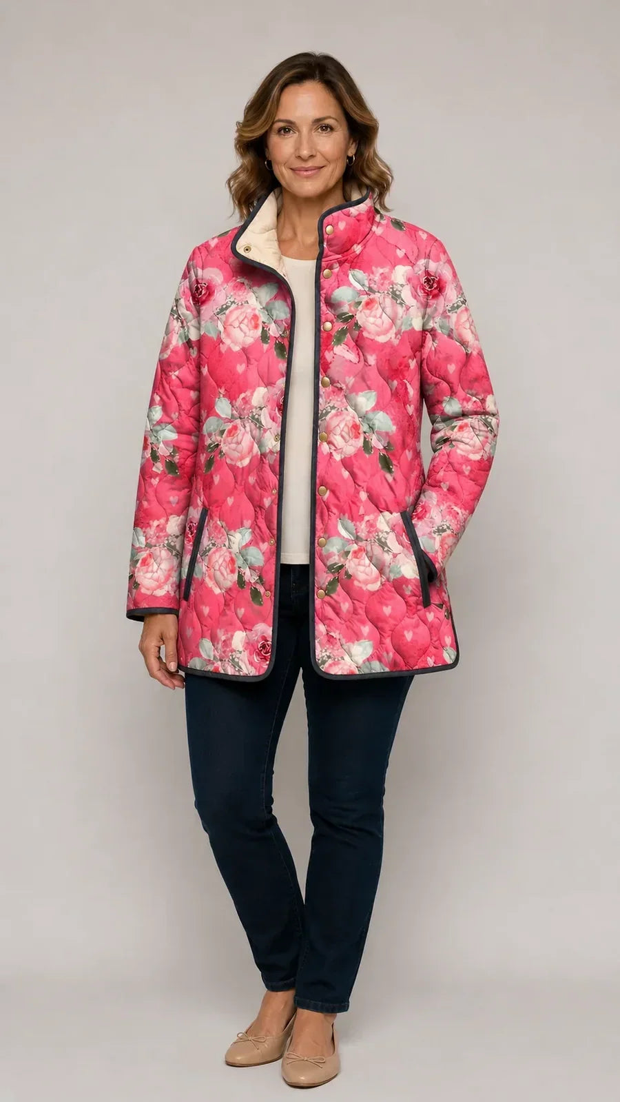 Donna | Charming Pink Floral Print Quilted Jacket