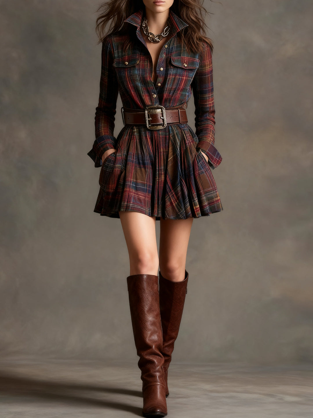 Vintage Red and Brown Checked Mini Dress (Includes belt)