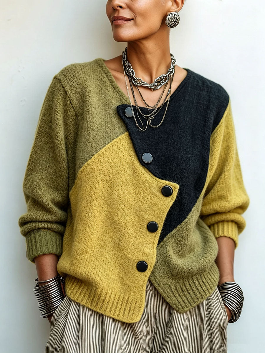 Artistic Cozy Asymmetric Color-block Knit Sweater